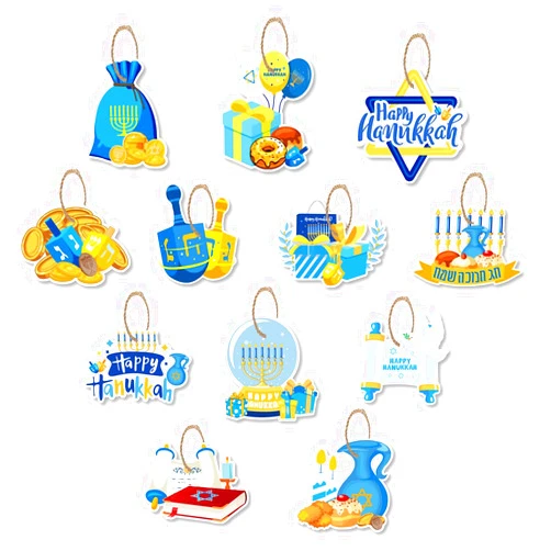 LOONELO Hanukkah Tree Ornaments, 12pcs Chanukah Hanging Cards Decorations, Festival of Lights Star of David Menorah Dreidel Hanging Ornaments for Jewish New Year Hanukkah Holiday Celebration Festival