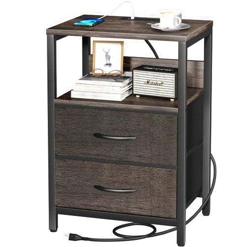 Yoobure Nightstand with Charging Station, Small Night Stand with Fabric Drawers and Storage Shelf for Bedrooms, Nightstands for Small Spaces, Bedside Table with USB Ports & Outlets, Bed Side Table