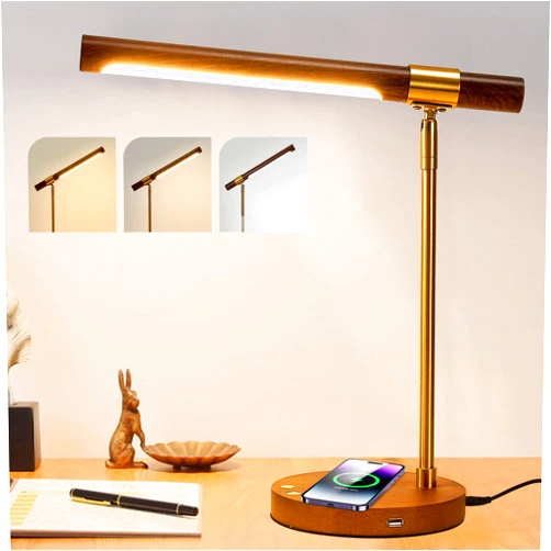 Myhaptim LED Wood Grain Desk Lamp with Wireless Charger, Desk Lamps for Home Office with USB Charging Port, Touch Control Desk Light Adjustable, Eye-Caring Office Lamp with Night Light