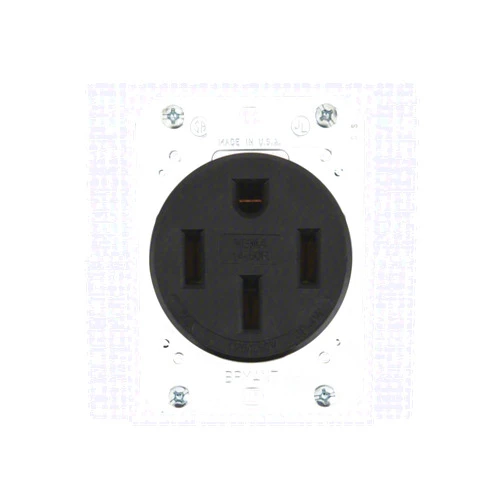 Grainger Bryant 9450FR Industrial Grade 50 Amp NEMA 14-50 Receptacle, Made in USA, Single Flush, 3 Pole 4 Wire Grounding 125/250V, Black