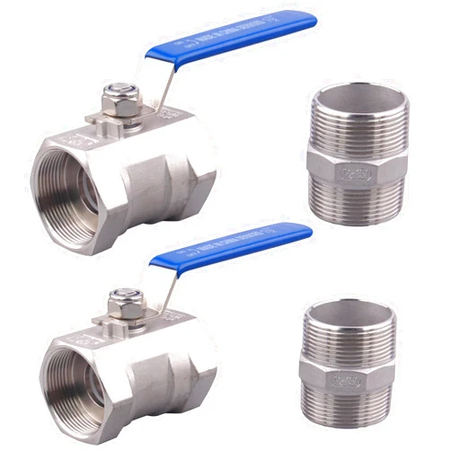 DERNORD 1PC Type Stainless Steel 1-1/2 Inch Ball Valve NPT Standard Port with Male Hex Nipple for Water, Oil, and Gas (Pack of 2)