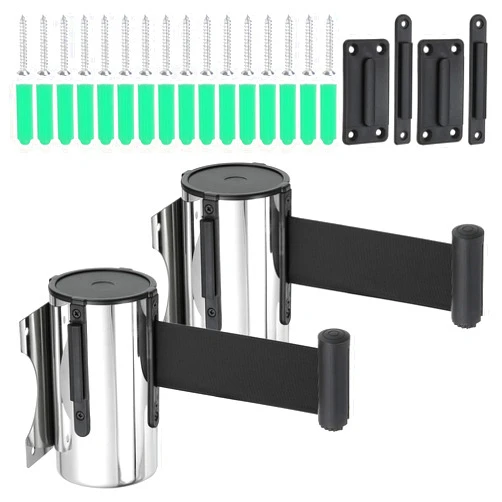 PATIKIL Fixed Wall Mount Retractable Belt Barrier, 2 Pcs 16.4 Feet Fixed Retractable Belt Barrier with Steel Case for Crowd Control Grocery Retail Store Stadium, Silver Tone/Black