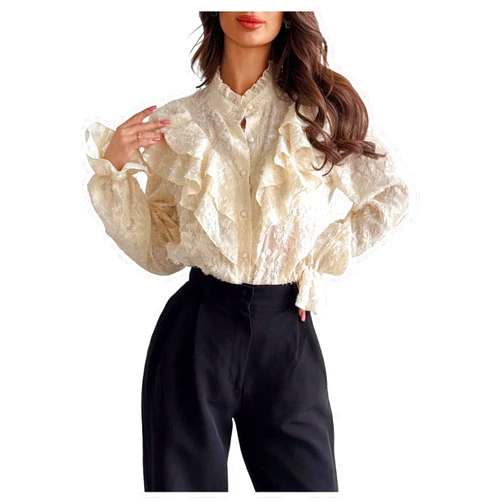 SweatyRocks Women's Lace Ruffle Button Down Shirts Vintage Victorian Blouse Dressy Casual Long Sleeve Tops