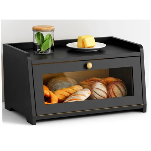 Goozii Black Bread Box for Kitchen Countertop, Small Vintage Counter Top Breadbox, Homemade Bread Storage Container for Sourdough Loaf, Farmhouse Wooden Corner Kitchen Counter Organizer for Cabinet