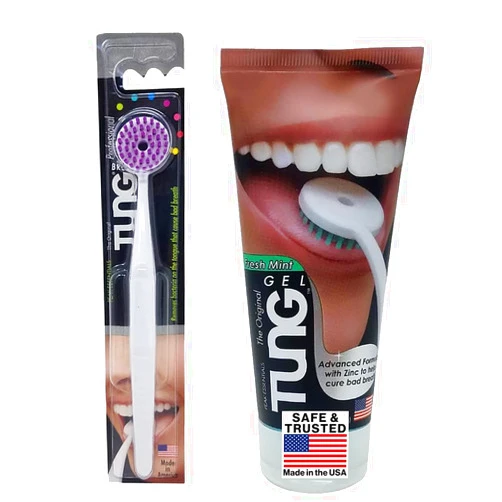 Peak Essentials The Original TUNG Brush Tung Tongue Brush & Gel Kit | Tongue Cleaner for Adults | Tongue Scraper to Fight Bad Breath and Halitosis | Mouth Odor Eliminator | Fresh Mint | Made in America (Set of 1)