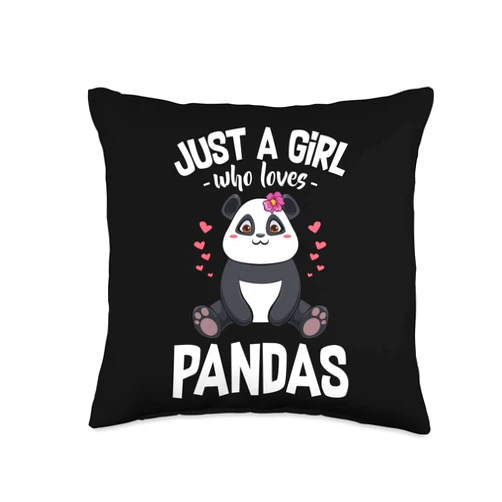 Tropical Asian Kawaii Smiling Leaf Bamboo Black Just A Girl Who Loves Cute Panda Cool Bear Lover Fan Throw Pillow, 16x16, Multicolor