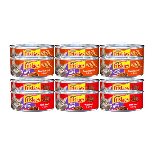 Purina Friskies Meaty Bits Canned Wet Cat Food Variety Pack, 6 Cans of Gourmet Grill in Gravy & 6 Cans of Beef in Gravy, 5.5 Ounce Cans (Pack of 12)
