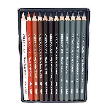Cretacolor X Mega Drawing 12-Piece Tin Box Set Sketching Pencils, White Chalk Oil, Sanguine Oil, Sepia Light, Sepia Dark, Nero, Graphite