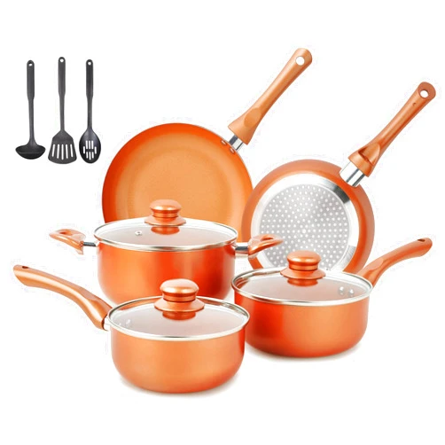 M MELENTA Pots and Pans Set Ultra Nonstick, Pre-Installed 11pcs Cookware Set Copper with Ceramic Coating, Stay cool handle & Nylon Kitchen Utensils, Gas/Induction Compatible, 100% PFOA Free