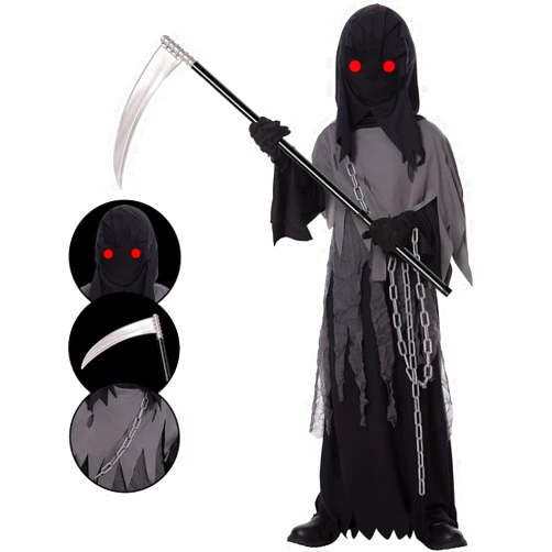 Lomesion Grim Reaper Costume for Kids,Phantom Halloween Costume with Red Glowing Eyes, Gloves Scythe included(Black)