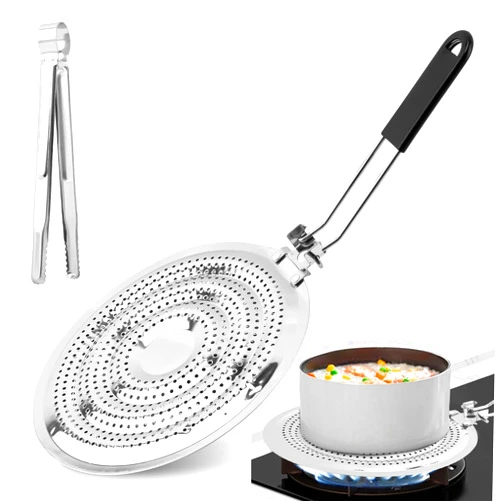 XuYelora Heat Diffuser, Stainless Steel Induction Adapter Plate with Foldable Handle Cookware Induction Hob Heat Cooking Diffuser with Tongs for Electric and Gas Stovetops(Color:Sliver)