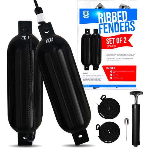 BTG GEAR Set of 2 Pack Inflatable Large Boat Fenders Bumpers for Docking w/Free 6 ft Fender Lines & Pump (Black)…