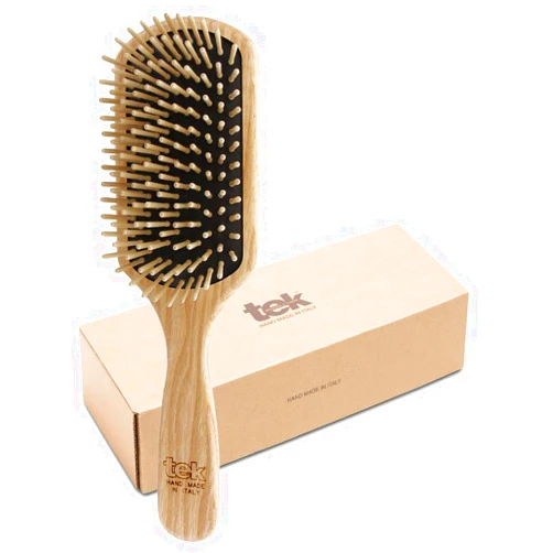 TEK - Large Rectangular Ash Wood Brush Handmade in Italy, with Short Tooth, for Medium-Long, Long and Straight Hair - 22 x 6.5 cm
