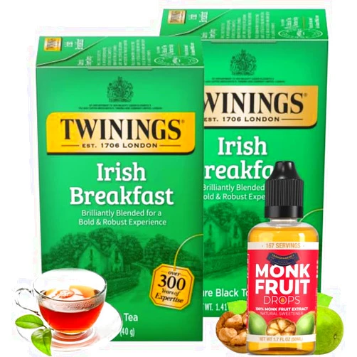Transparency Foods Twinings Irish Breakfast Tea Bags Individually Wrapped (20 count each, Pack of 2) + Monk Fruit Drops by Transparency Foods (167 Servings, 50ml Bottle)