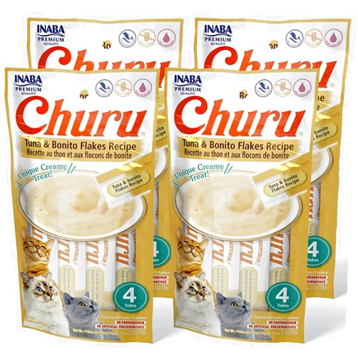 INABA Churu Cat Treats, Grain-Free, Lickable, Squeezable Creamy Purée Cat Treat with Taurine & Vitamin E, Tuna with Bonito Flakes Recipe, 0.5 Ounces Each Tube, 16 Tubes Total
