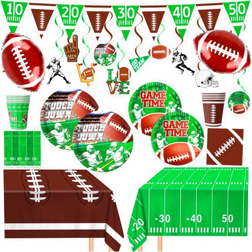 LINHAXM Football Party Supplies Kit - Includes Plates, Napkins, Cups, Banner, Hanging Swirl, Football Balloons, Touchdown Tablecloth for Football Birthday & Tailgate Party Decorations, Serve 24
