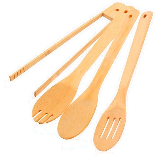 USOONESP [4PCS] Wooden Bamboo Cooking Utensils : Salad Tongs, Wood Spoons, Slotted Spoon, Bamboo Forks, 11.8inch Long Handle Salad Serving Utensils is Perfect Choice for Daily Cooking and Gifts.USOONESP