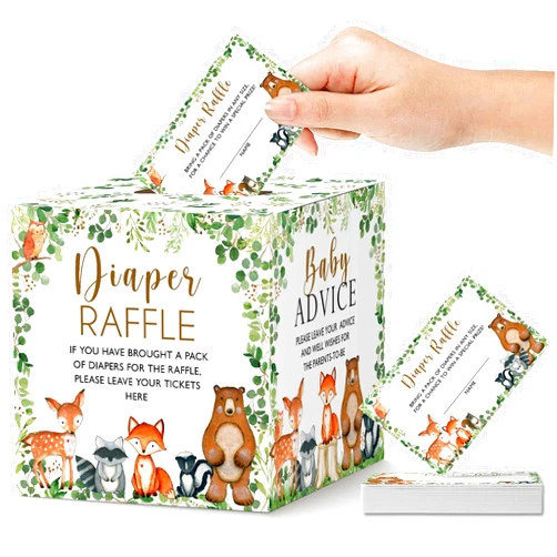 Yuzioey Woodland Diaper Raffle Tickets and Baby Advice, Woodland Forest Baby Shower Diaper Raffle Game Box Tickets, Diaper Raffle Tickets for Woodland Gender Neutral Baby Shower