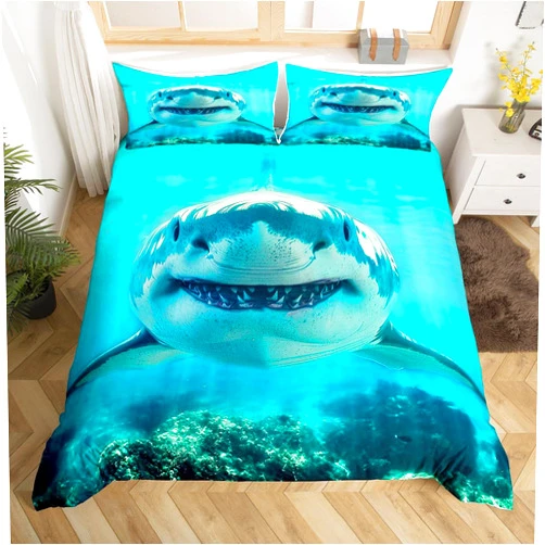 Castle Fairy Shark Bedding Set Queen,Sea Animals Comforter Cover for Boys Girls,Shark Fish Print Duvet Cover Set Ocean Sea Themed Bedspread Cover Fashion Teens Bedroom Decor 3 Pcs Bed Collection（No Comforter）