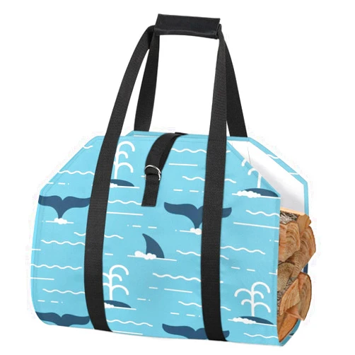 Aglebo Marine Whale Tail Firewood Log Carrier Bag Large Heavy Duty Wood Carrying Storage Tote with Handles Firewood Holder Fireplace Accessories for Indoor Outdoor Camping BBQ