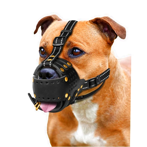 MIDOG Dog Muzzle, Leather Basket Soft Muzzles Medium Large Breeds, Pitbull Dog Muzzle Amstaff Muzzles Staffordshire Terrier, German Shepherd Dalmatian Doberman Adjustable Breathable Muzzles for Dog (L)