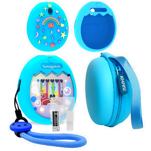 JCHPINE Hard Carrying Case and Silicone Cover Compatible with Tamagotchi Pix Interactive Virtual Pet Game Machine, Screen Film Protector for Tamagotchi Pix Accessories (Blue)