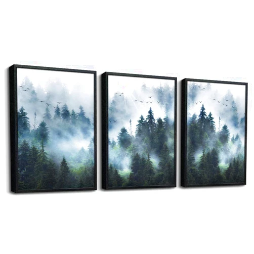 DZRWUBHS Framed Canvas Wall Art - 3 Piece Set, Foggy Forest Trees Landscape Painting, Black, Modern Wall Decor for Living Room, Bedroom, Kitchen etc.
