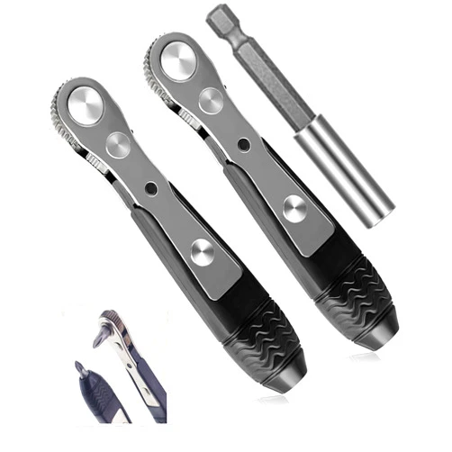 DOFEDOFO Mini Ratchet, 2 Pieces 1/4 Inch Drive Micro Ratcheting Bit Driver with1 Pieces 1/4 Magnetic Extension Socket Drill Bit Holder, 90 Degree Offset Right Angle Screwdriver Small Ratchet for Tight Spaces