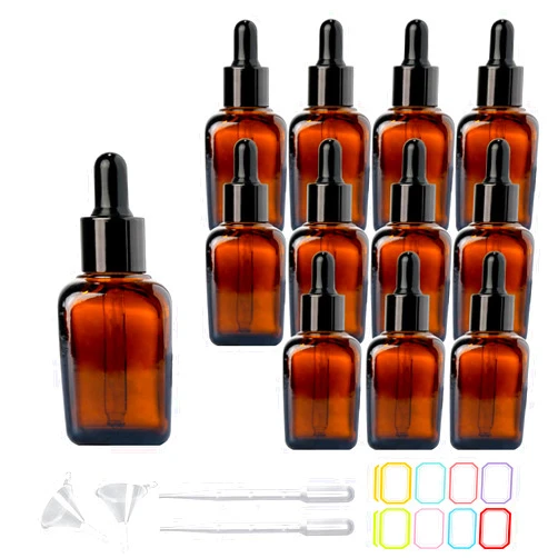 PYAWI 12Pcs 1 oz Square Glass Dropper Bottles for Essential Oils, 30ml Amber Glass Bottles with Eye Droppers,tincture bottles,Travel Bottles for Essential Oils, Liquids,Perfume (Amber -Black cap)