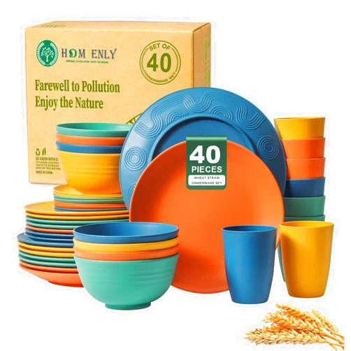 Homienly 40-Piece Premium Wheat Straw Dinnerware Sets, Service for 8, Unbreakable Plates and Bowls Sets - Cups Sets, Dinner Plates, Bowls for Kitchen,Dishwasher and Microwave Safe Dishes Set - Multi
