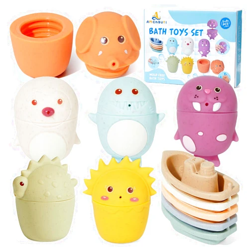BYKASIST Mold Free Bath Toys for Babies 6-12 Months, 11 PCS Animal with Floating Boats Bath Toy for Toddlers/ Infants, Baby Pool Bathtub Toys Presents for Preschool Boys Girls