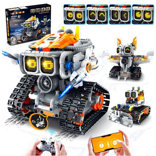 HOGOKIDS Changeable Expressions Robot Building Sets - 3 in 1 Remote & APP Supported Robotic Building Toy Having Sound Effect, Rechargeable RC Robot Birthday Present for Kids Age 6+ Boy & Girl (451PCS)