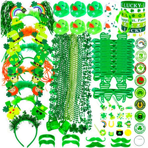 Winlyn Bulk St. Patrick's Day Novelty Jewelry Assortment St. Patrick's Day Party Favors Supplies Head Bopper Necklace Bracelet Glasses Tattoo Stickers Accessories for St. Patty's Day Irish Party Décor