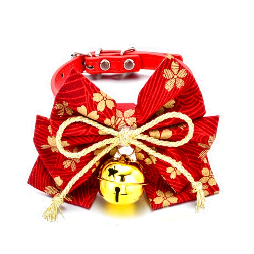 Accesyes Cat Collar with Bell Japanese Joyous Flower Print Breakaway with Bowtie Tie Kitten Puppy Adjustable, 1 Size Fits All (Red and Golden Sakura)