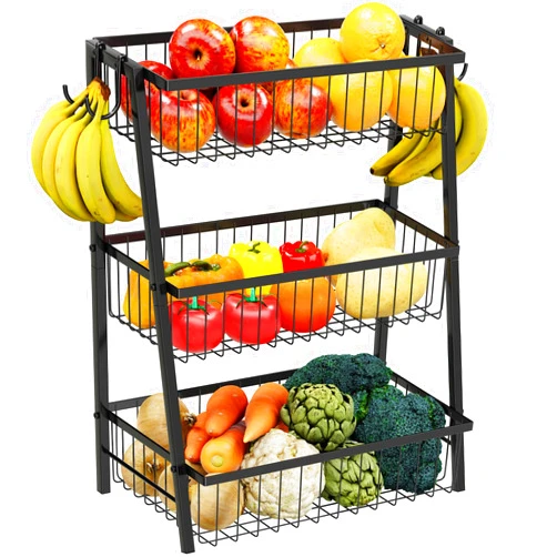 Simple Trending 3 Tier Fruit Basket Metal Wire with 4 Banana Hooks, Countertop Fruit Vegetable Basket Kitchen Organizer for Bread Snack Veggies Produce, Black