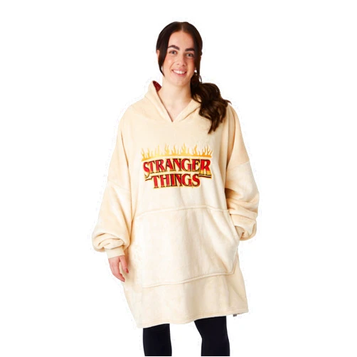 Stranger Things Adults Wearable Blanket Hoodie | Men & Womens Oversized Cream Hooded Fleece Loungewear | Netflix Merchandise