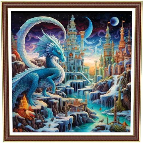 Foxhool Beginners Cross Stitch Kits Stamped Full Range of Embroidery Kits for Adults DIY Cross Stitches kit Embroidery Patterns for Needlepoint kit-Dragon and Castle 17.7x17.7 inch