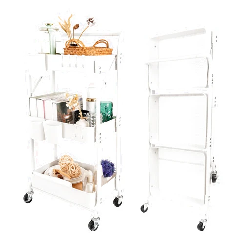 Amatic 3-Tier Folding Rolling Utility Cart with Wheels, Foldable Storage Cart Organizer with 3 Hanging Cups & 6 Hooks for Kitchen, Office, Living Room, Nursery(White)