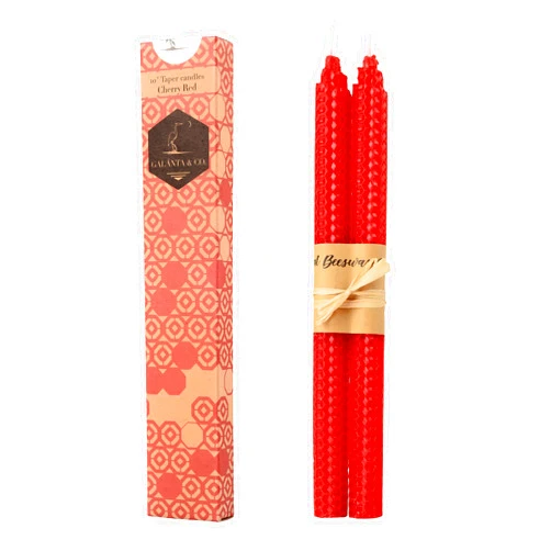 GALÁNTA & CO. 100% Beeswax Handmade Taper Candles (Cherry Red) - 10 Inch Smokeless Dripless Pair - Natural Subtle Honey Smell - Elegant Honeycomb Design by Galanta & Co.