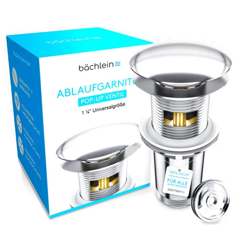 Bächlein Universal Waste Set with Overflow for washbasin & Vanity - Chrome pop-up Valve - incl. 3 Seals for washbasins of All Kinds, Waste Valve Waste Set - Installation with Instructions