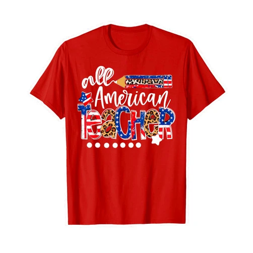 CAT All American Teacher Back To School USA Flag Patriotic Women T-Shirt