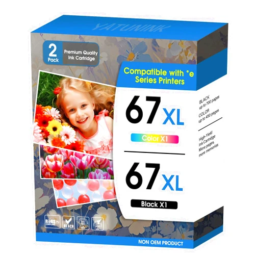 YATUNINK 67XL Ink Cartridge Compatible for HP Ink 67 67XL for HP 67 Ink for HP67 Works with HP Envy 2700e 6000 2855e 4155e 6055e; Deskjet 2700 2755e 6455e Printer (1Black, 1Tri-Color) 2PK