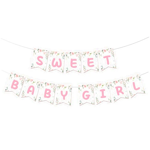 Kaakswa Sweet Baby Girl Banner, Baby Shower Gender Reveal Party Banner For Girls, Sweet Pink Floral Flowers First Birthday party supplies