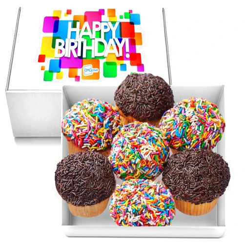OMCookie Birthday Cupcakes LARGE Gift Basket Rainbow Sprinkle Chocolate Sprinkle | 7 INDIVIDUALLY WRAPPED Fresh Cupcakes | Party Food Gift
