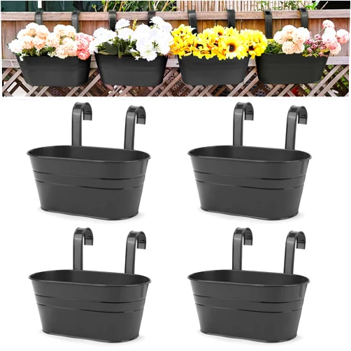 OGIMA 4pcs Large Hanging Flower Pots, Metal Iron Wall Planter Indoor/Outdoor for Railing Fence Balcony Garden Home Decoration with Detachable Hooks