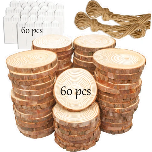 KXEXK Unfinished Natural Wooden Slices 3.5-4 Inch Wood Circles for Crafts DIY Christmas Ornament Craft Wood Kit with Picture Hanging Strips,Blank Round Wood Slice with Bark for Art (Wood Slices 60 PCS)