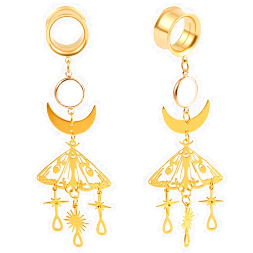 Vankula 2PCS Butterfly Crescent Moon Pendant Hypoallergenic Stainless Steel 0g 2g Plugs Ear Gauges Tunnels Piercing Expander Stretchers Fashion Body Jewelry