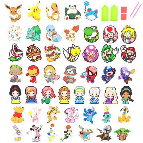xackcme 48 Pcs Diamond Art Painting Sticker Kits for Kids-Cartoon Diamond Gem Stickers Kit,5D Diamond Art Stickers Mosaic for Kids Gift for Boys Girls 4-8-10-12 Years Old