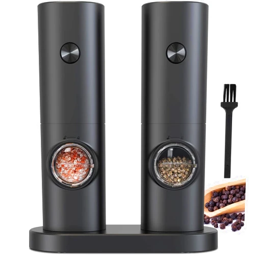 COKUNST Electric Pepper and Salt Grinder Set, Battery Powered Adjustable 5 Levels of Coarseness Black Pepper Grinder Mill with Stand, Automatic Grinding with LED Light for BBQ Resturant Kitchen-2 Pack