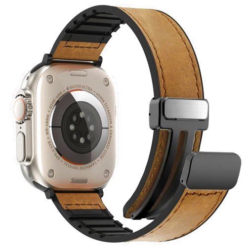 Wizvv Magnetic Leather Band Compatible with Apple Watch Series 9 41mm 45mm/ Ultra2 49mm for Men Women, Soft Silicone Patchwork Leather Strap Replacement for Apple Watch Ultra Series 8/7/6/5/4/3/2/1/SE/SE2